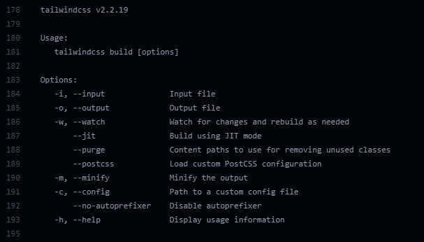 A console log showing TailwiindCSS's help output on Github Actions