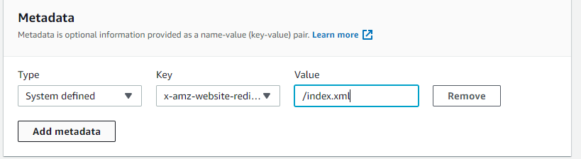 The metadata field of an object in a S3 bucket, showing the redirect key and value described in the text